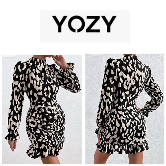 🆕Yozy Long Sleeve Stand Collar Mock Neck Flounce Sleeve Ruched Ruffle Dress L🆕 - Picture 1 of 16
